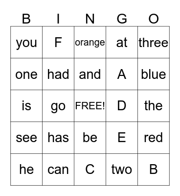 Sight Words Bingo Card