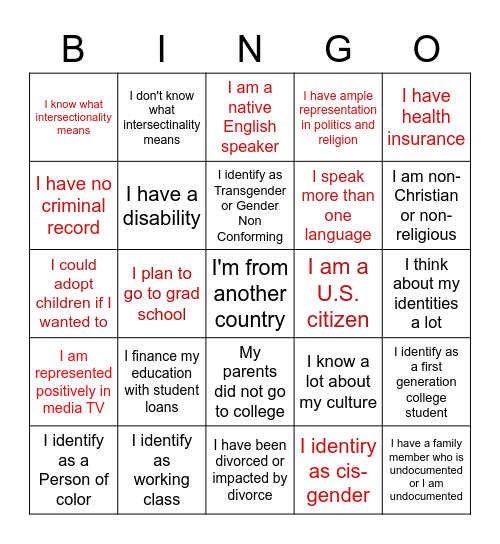 Identity Bingo Card