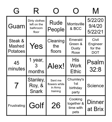 "Groom" Bingo: Getting to Know Alex! Bingo Card