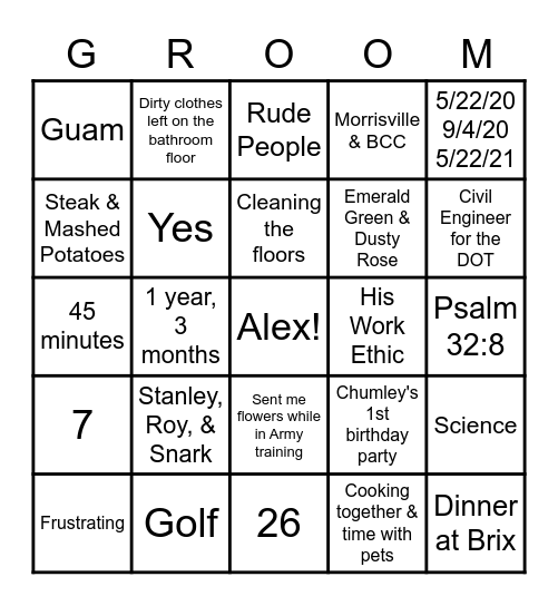 "Groom" Bingo: Getting to Know Alex! Bingo Card