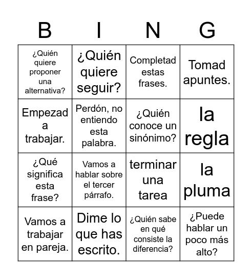 vocabulario de clase Bingo Card