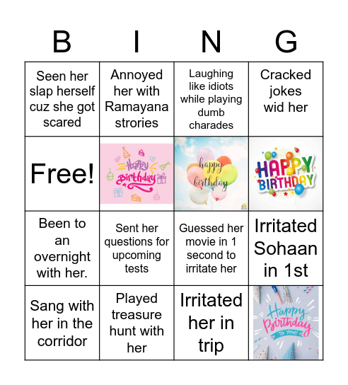 Ivaanshi's Birthday Bingo Card