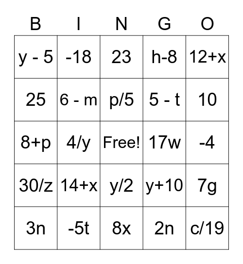 Expressions BINGO! Bingo Card