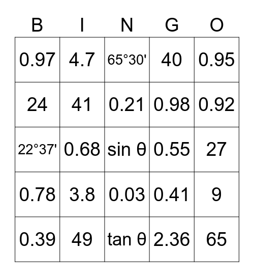Right Angled Triangle Bingo Card