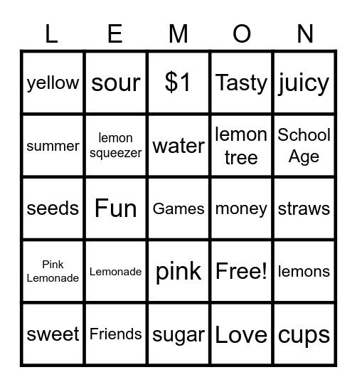 Lemonade Stand Bingo Card