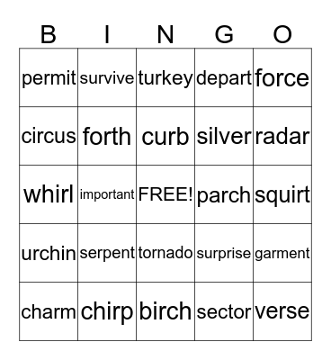 R Family Words Bingo Card