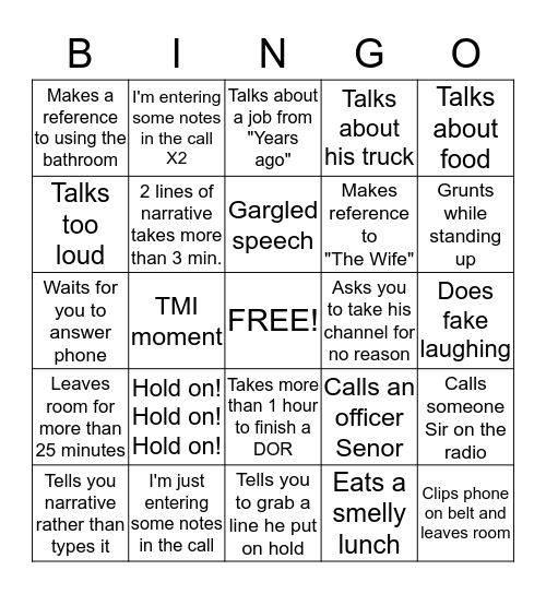 Darren The Dispatcher Bingo Card