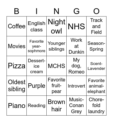 Personality Bingo Card