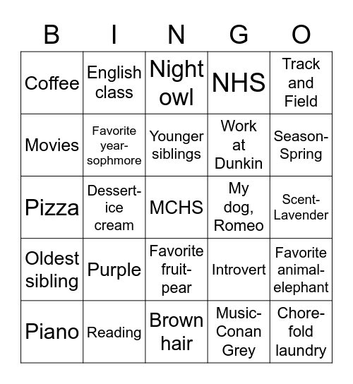 Personality Bingo Card