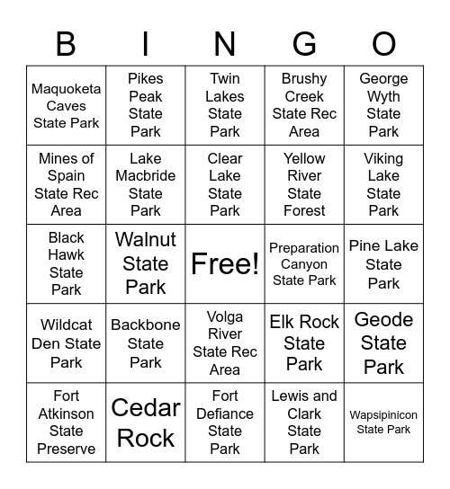 Iowa State Parks Bingo Card