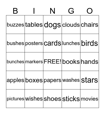 Plural Nouns Bingo Card