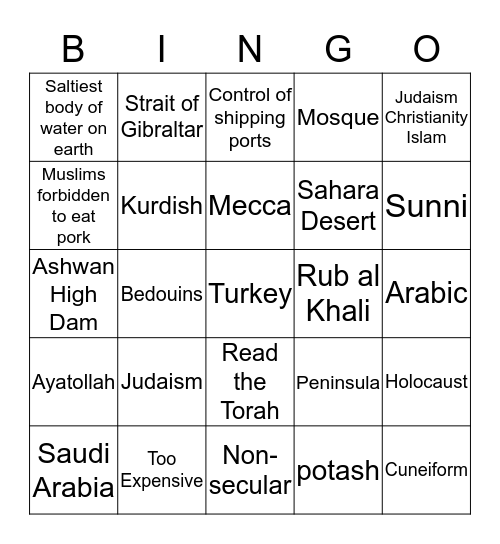 Unit 2 North Africa & Southwest Asia Bingo Card