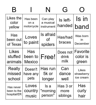 Getting to Know Us Bingo Card