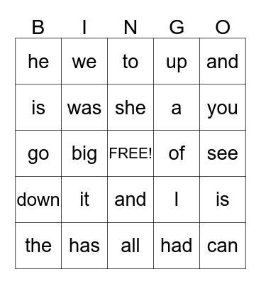 Sight Words Bingo Card