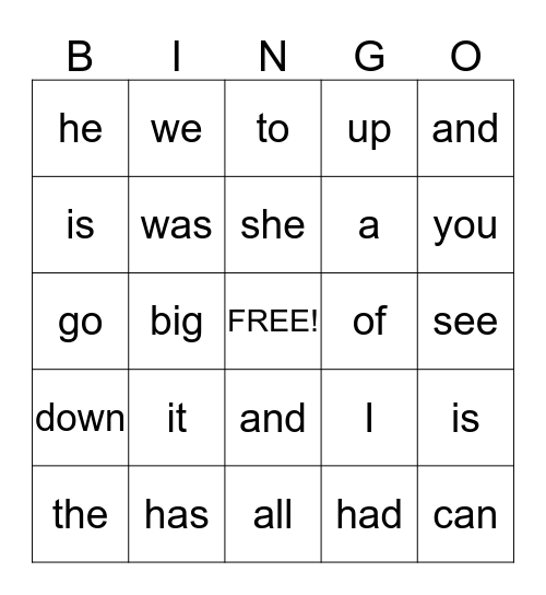 Sight Words Bingo Card