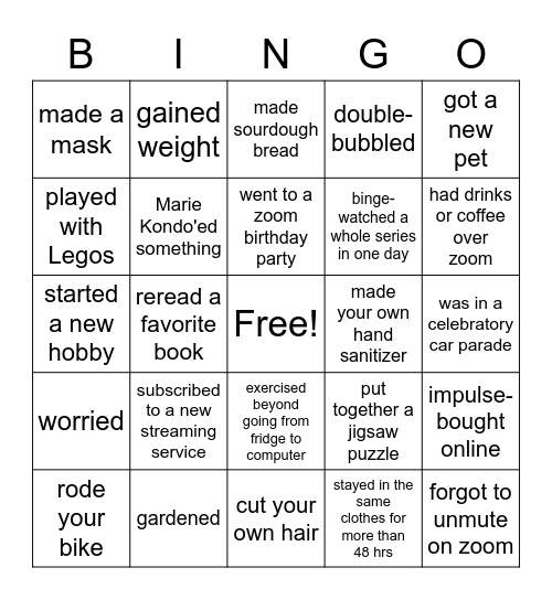 2020 with Covid Bingo Card