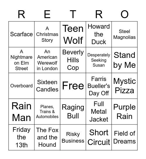 80's Movies Bingo Card
