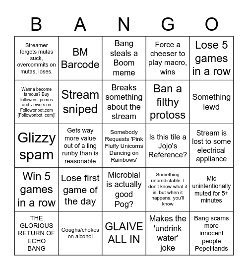 Bango Board Bingo Card