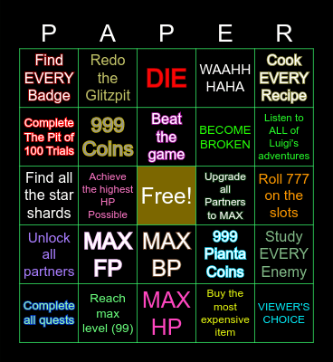 Paper Mario TTYD Bingo Card