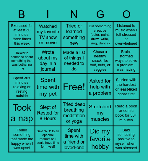 Stress Management Bingo Card