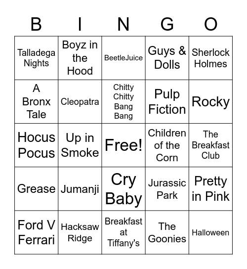 Movie Bingo 1950's to 2020 Bingo Card