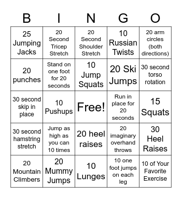 Fitness Bingo Card
