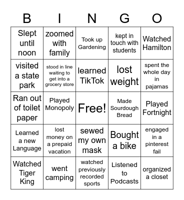 My So Called Covid Life Bingo Card