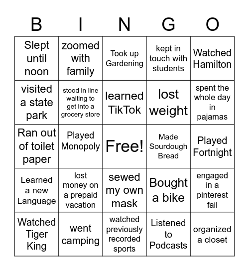 My So Called Covid Life Bingo Card