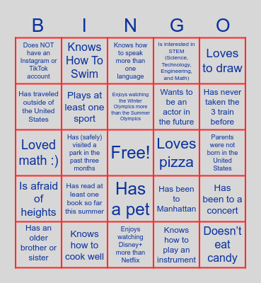 Virtual Sixth Grade Orientation: People BINGO Card