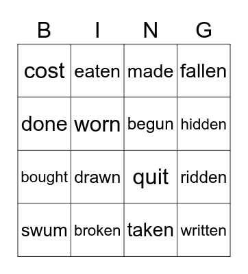 Irregular verbs- Past Participle Bingo Card