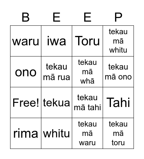 Maōri Bingo Card