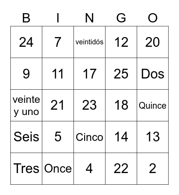 Spanish II Numbers Bingo Card