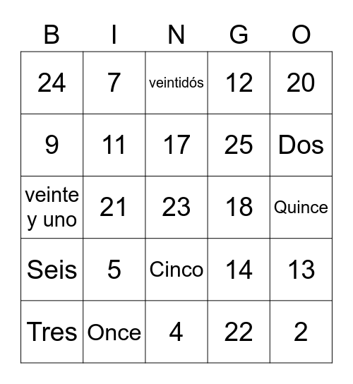 Spanish II Numbers Bingo Card