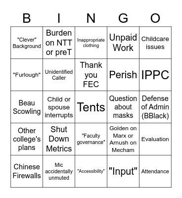 Faculty Meeting Bingo Card