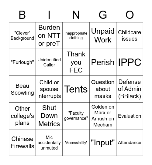 Faculty Meeting Bingo Card