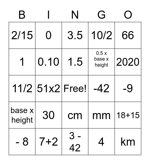 MATH BINGO! Bingo Card