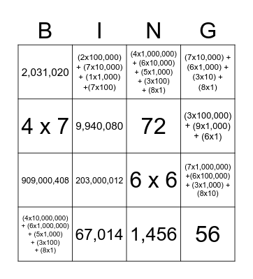 Multiplication and Expanded Form Bingo Card