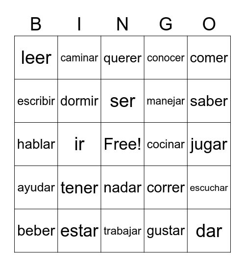 Spanish Bingo verbs Bingo Card