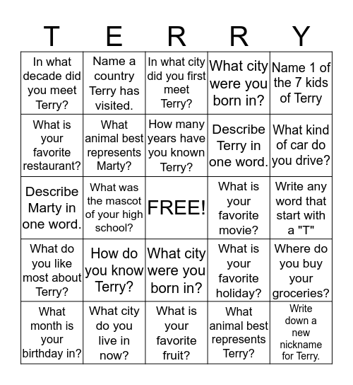 Terry Bingo! Bingo Card