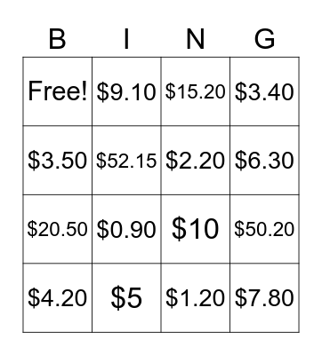 Money Value Bingo Card