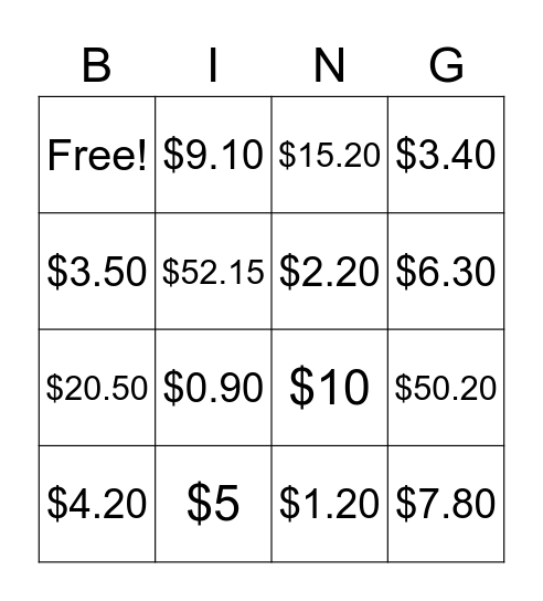 Money Value Bingo Card