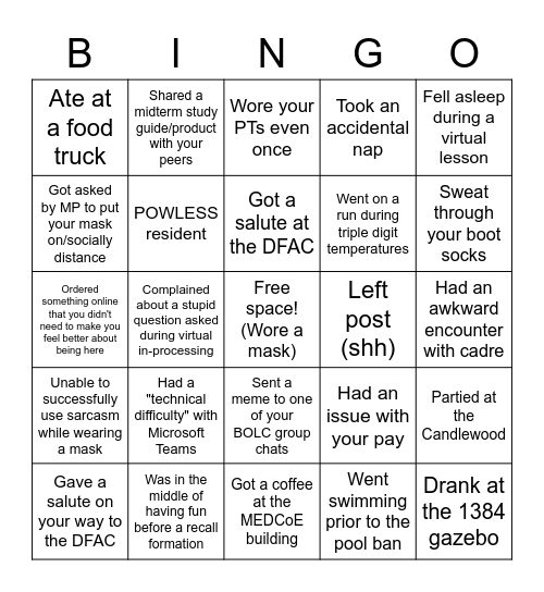 COVID BOLC Bingo Class of 2020 Bingo Card