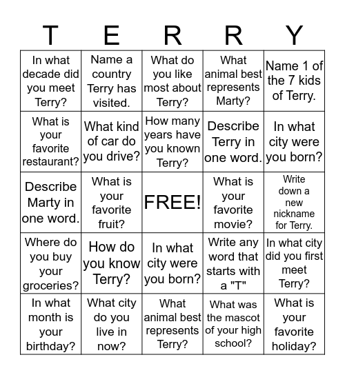 Terry Bingo! Bingo Card