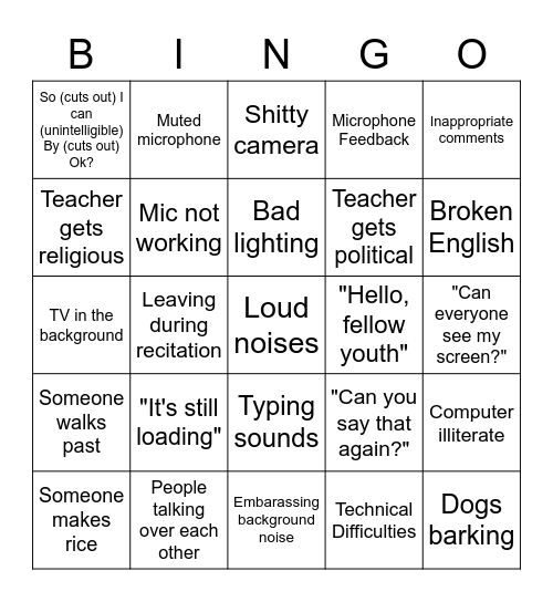 Asian Online classes bingo Card