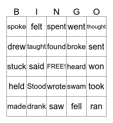 Irregular Past Tense Verbs  Bingo Card