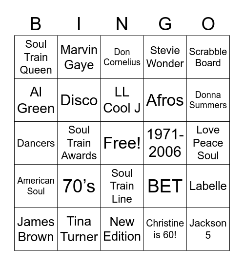 Christine’s 70’s Soul Train Party Bingo Card