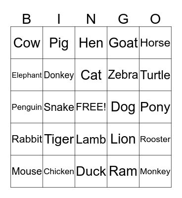 Zoo Animals Bingo Card