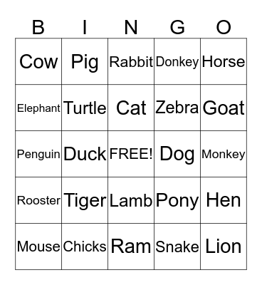 Zoo Animals Bingo Card