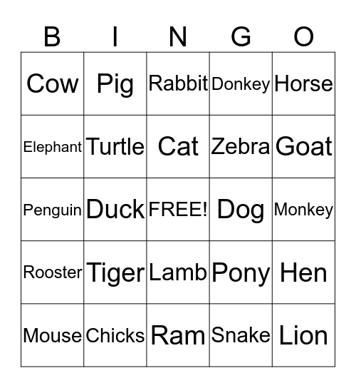 Zoo Animals Bingo Card