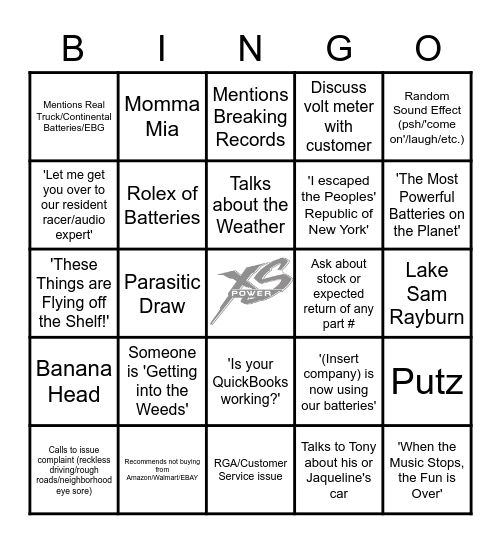 XS Power Bingo Card